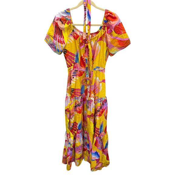 FARM RIO Neon Macaws Puff Sleeve Maxi Dress M Yellow Parrot Print Cotton Belted - Picture 5 of 12